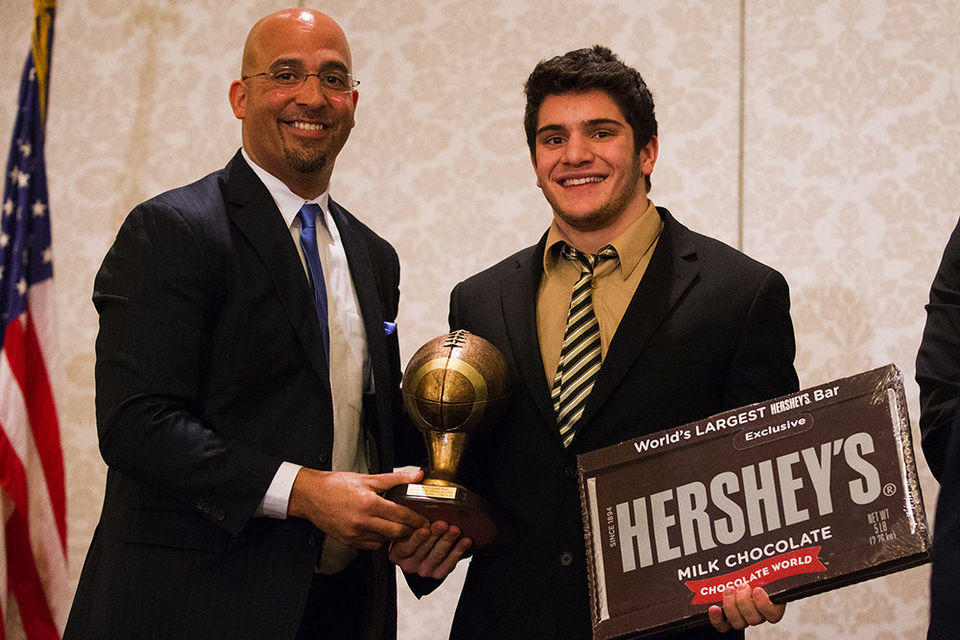 Penn State coach James Franklin with 2014 Mr. PA Football Small School award winner, Dominick Bragalone from South Williamsport High School.