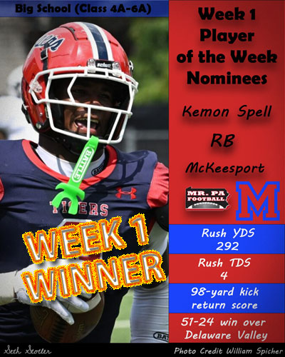 Mr. PA Football, week 1 2025 Player of the Week, Kemon Spell, McKeesport